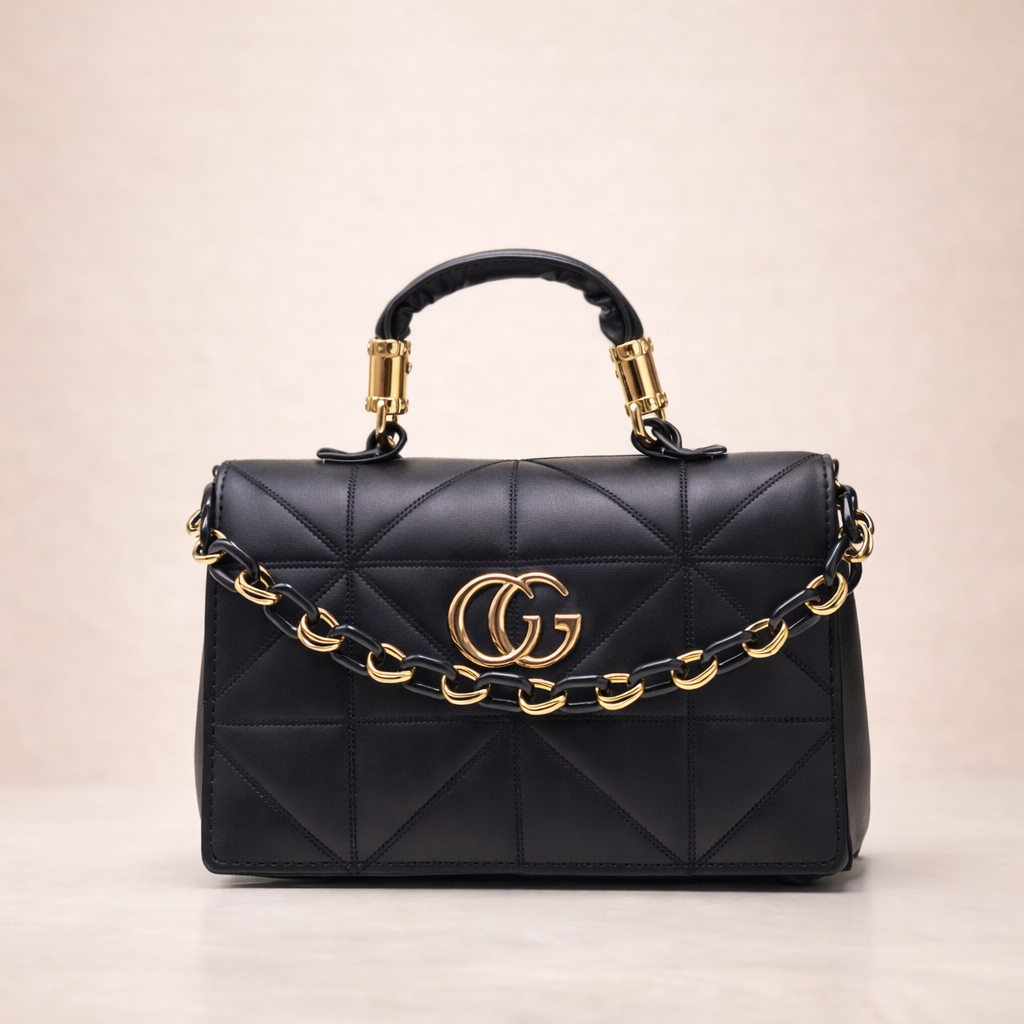Luxury Quilted Chain Handle Handbag – Black