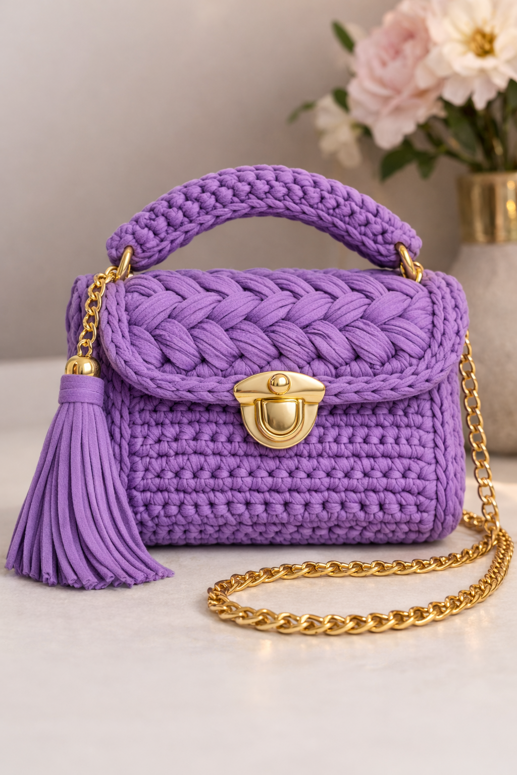 Crochet Knit Luxury Satchel Bag For Women | Purple | Gold Chain Strap