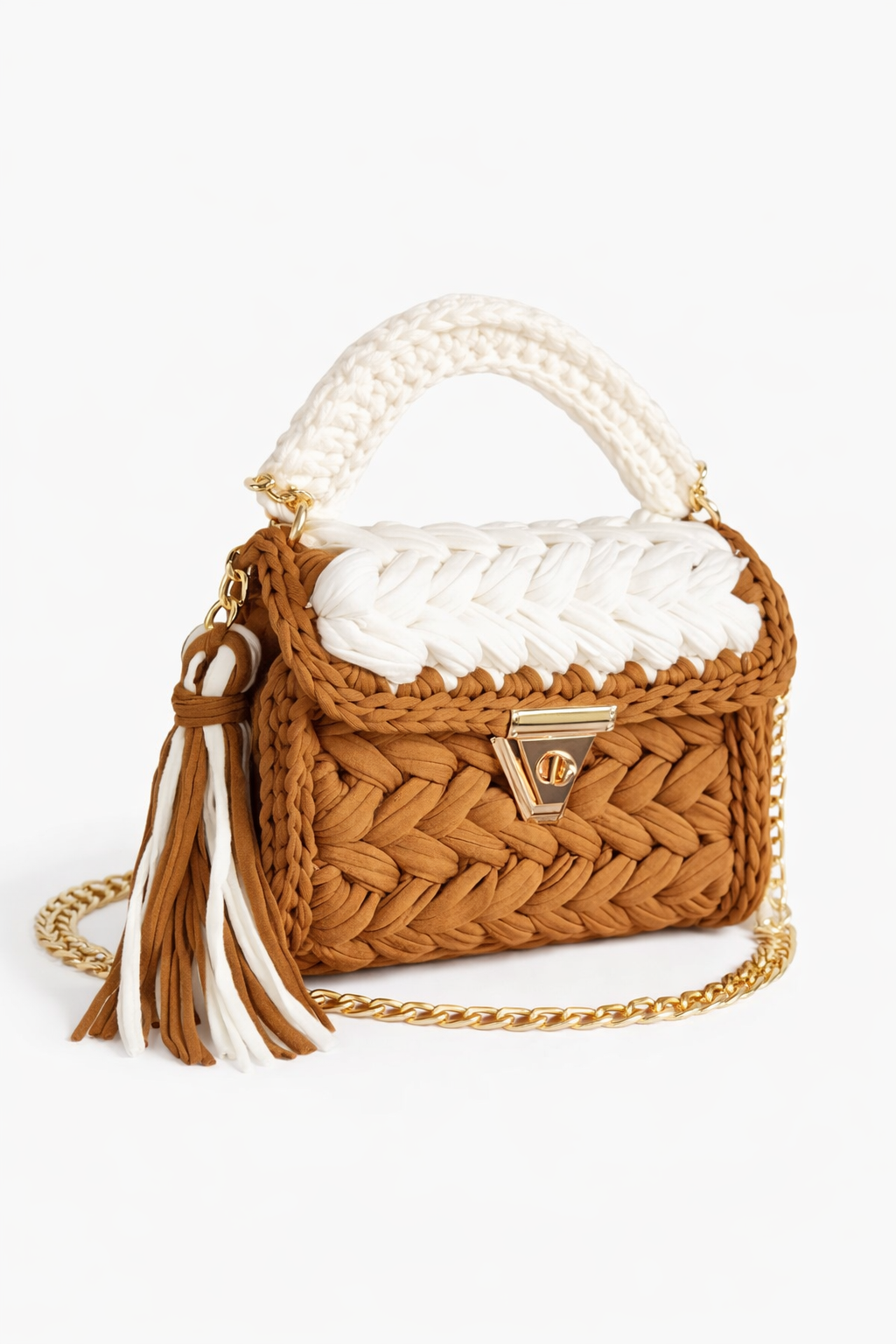Crochet Knit Luxury Satchel Bag For Women | Brown & White | Gold Chain Strap