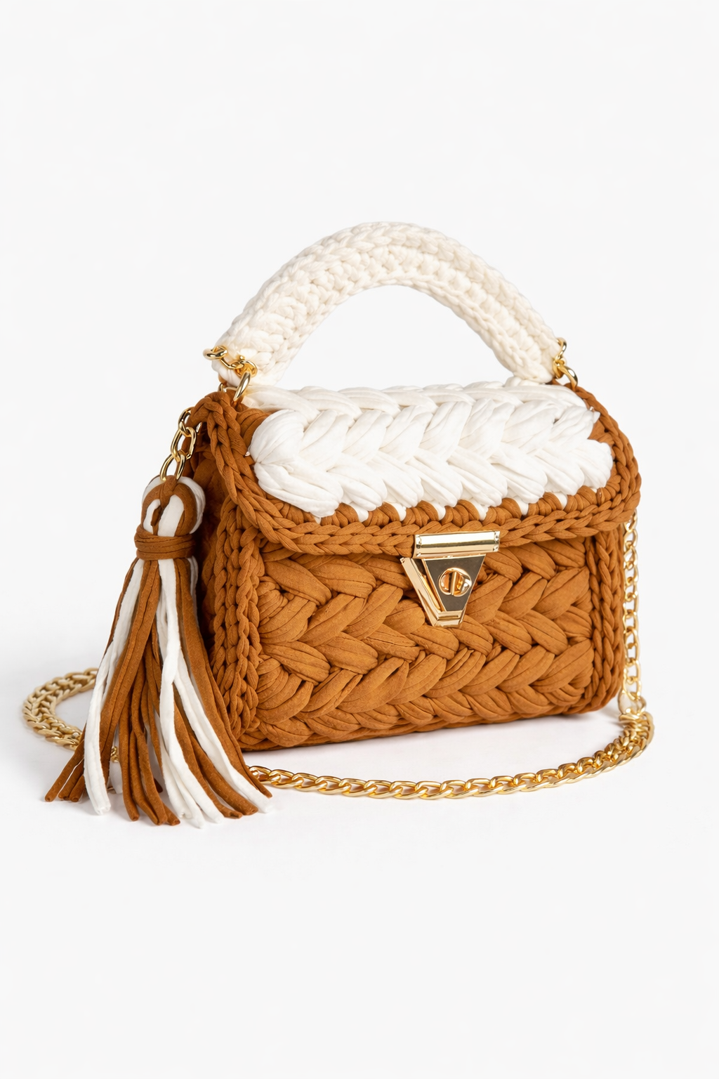 Crochet Knit Luxury Satchel Bag For Women | Brown & White | Gold Chain Strap