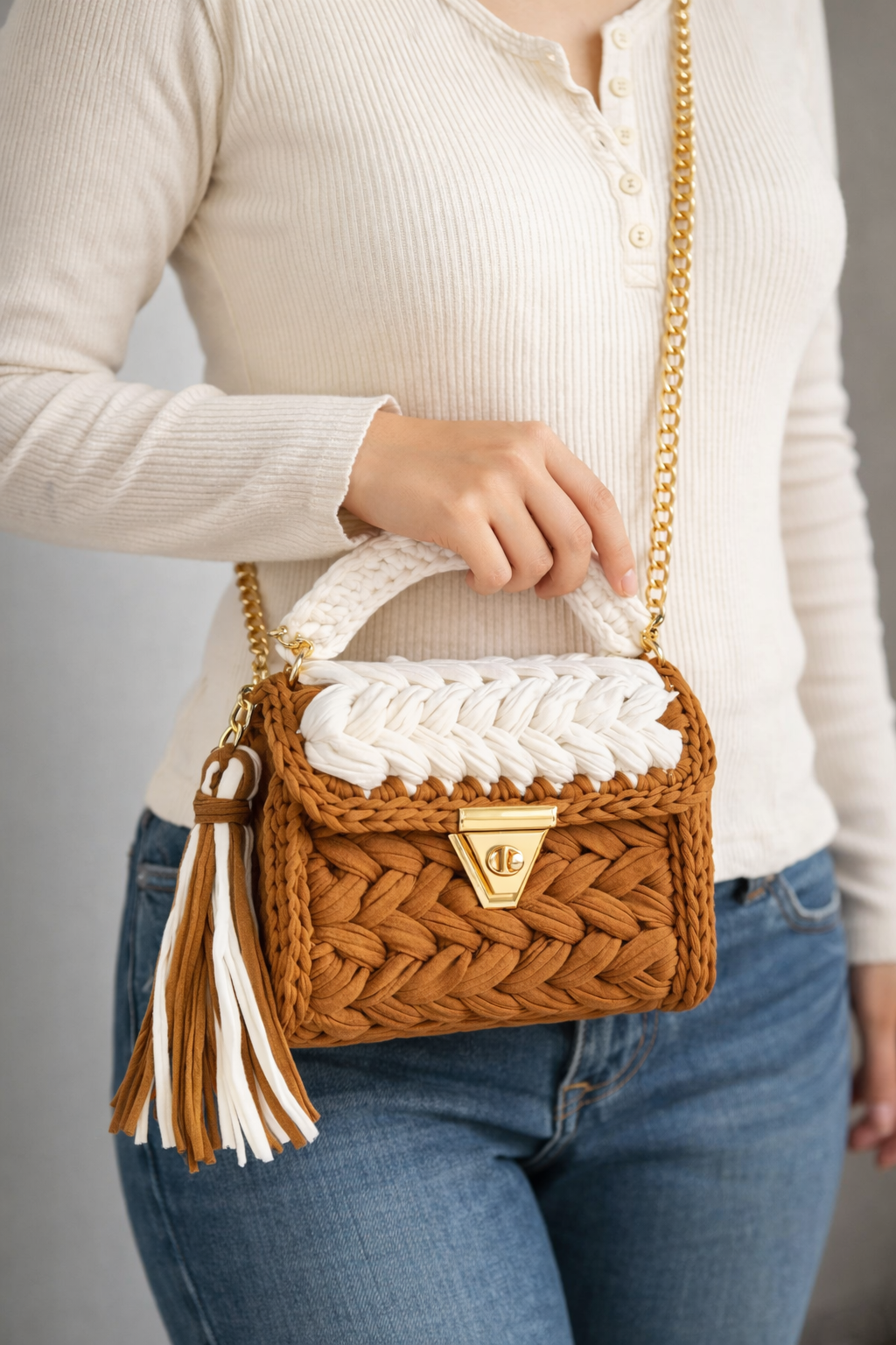 Crochet Knit Luxury Satchel Bag For Women | Brown & White | Gold Chain Strap