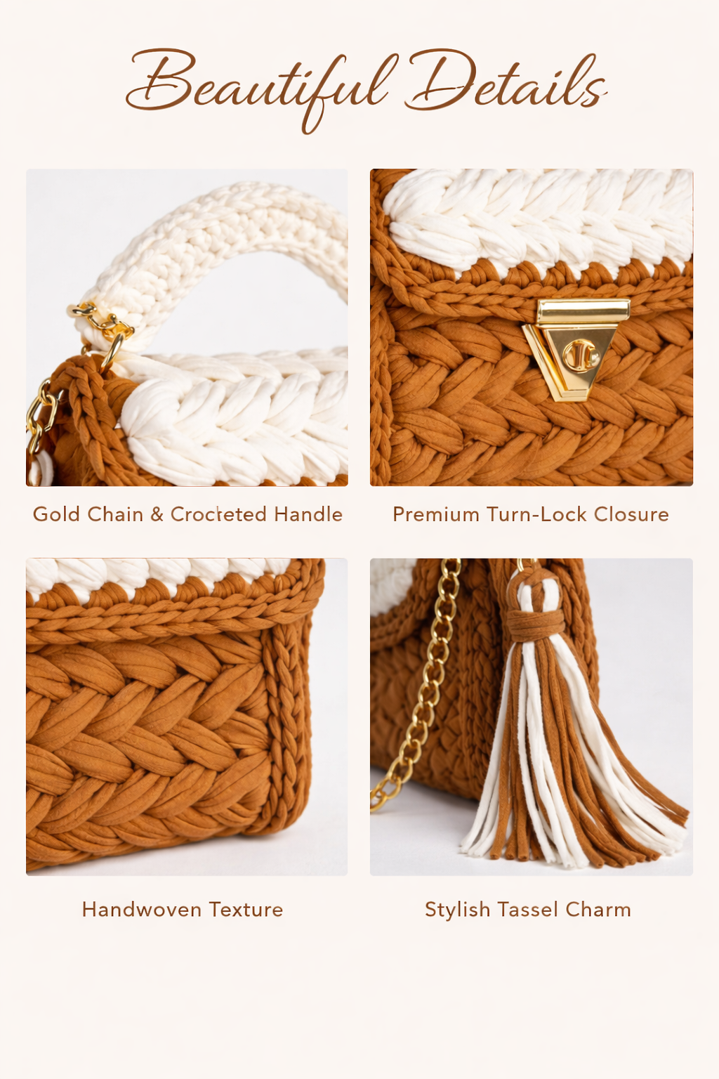 Crochet Knit Luxury Satchel Bag For Women | Brown & White | Gold Chain Strap