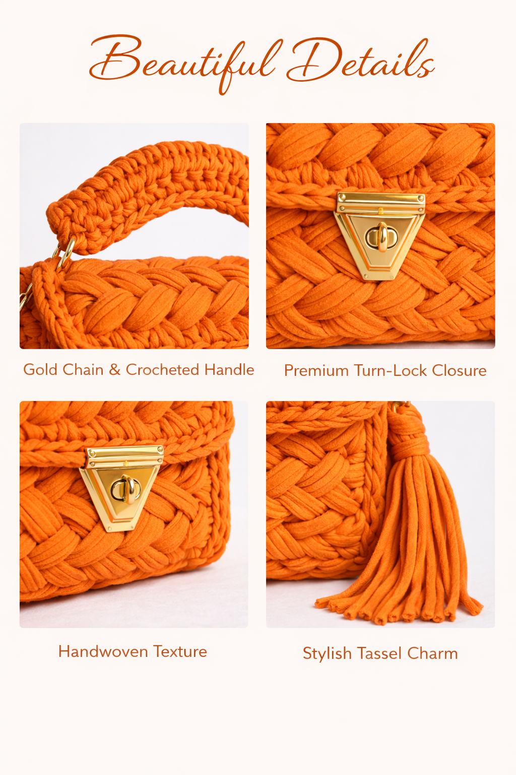 Crochet Knit Luxury Satchel Bag For Women | Orange | Gold Chain Strap