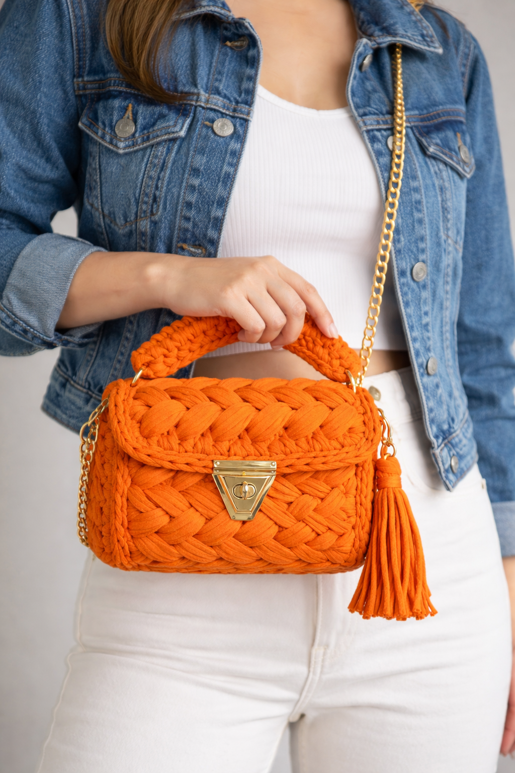 Crochet Knit Luxury Satchel Bag For Women | Orange | Gold Chain Strap
