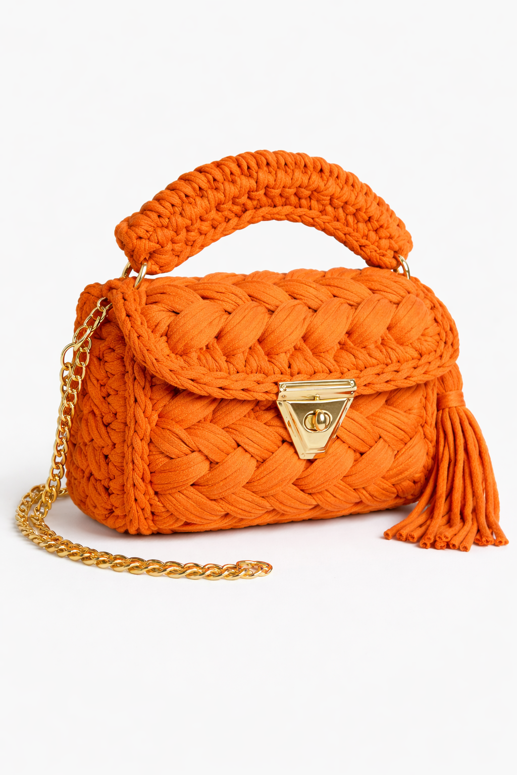 Crochet Knit Luxury Satchel Bag For Women | Orange | Gold Chain Strap