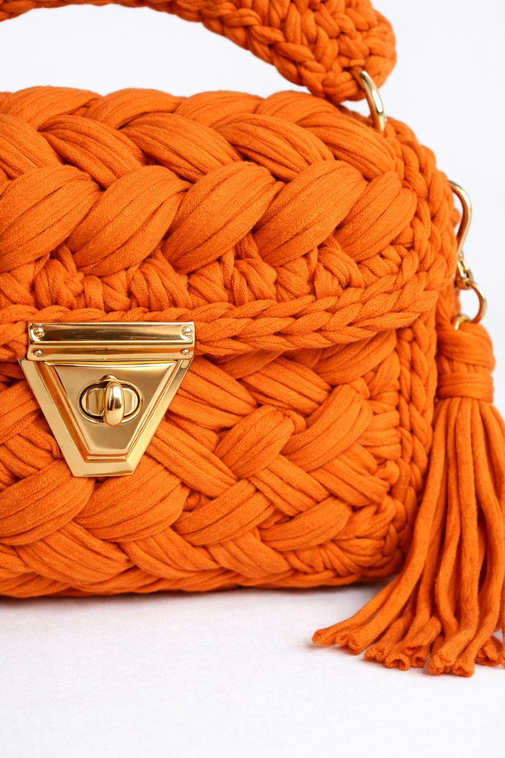 Crochet Knit Luxury Satchel Bag For Women | Orange | Gold Chain Strap