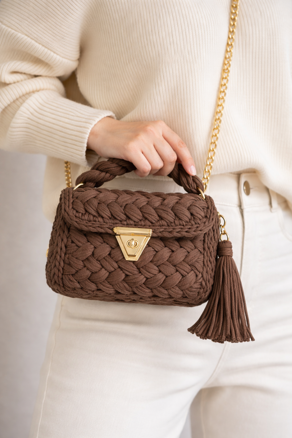 Crochet Knit Luxury Satchel Bag For Women | Dark Brown | Gold Chain Strap
