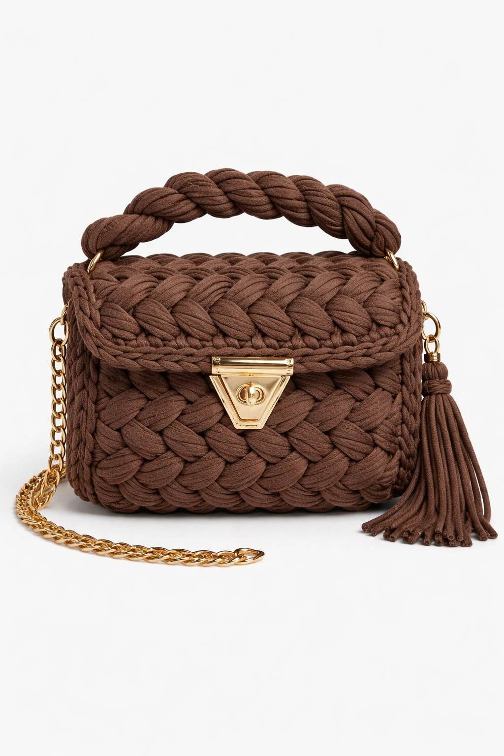 Crochet Knit Luxury Satchel Bag For Women | Dark Brown | Gold Chain Strap