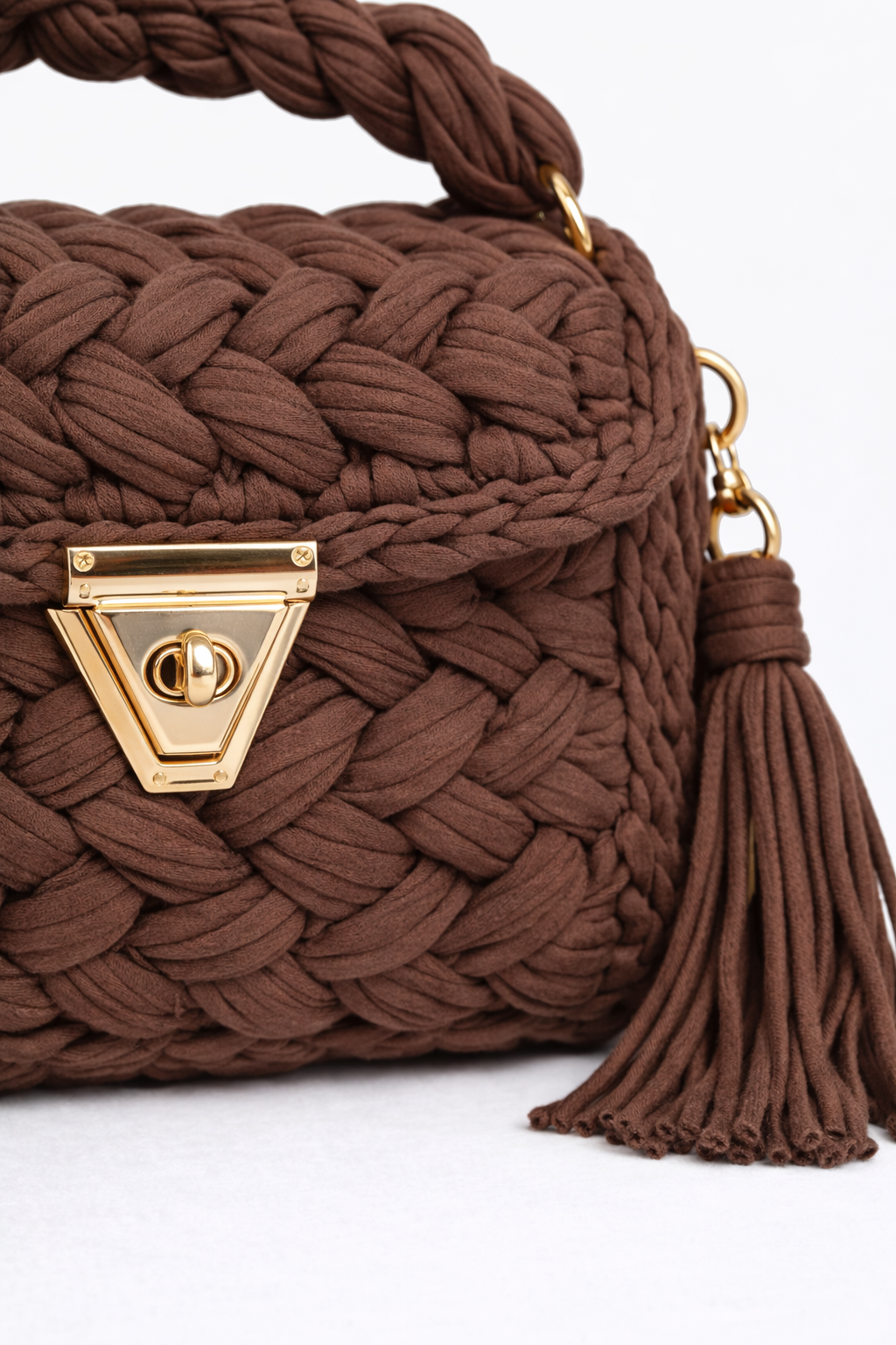 Crochet Knit Luxury Satchel Bag For Women | Dark Brown | Gold Chain Strap