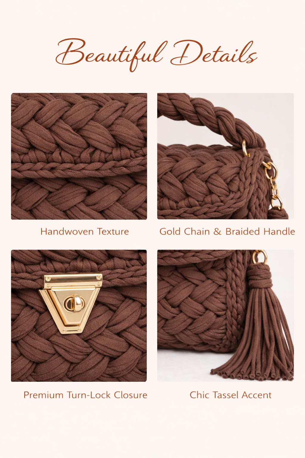 Crochet Knit Luxury Satchel Bag For Women | Dark Brown | Gold Chain Strap