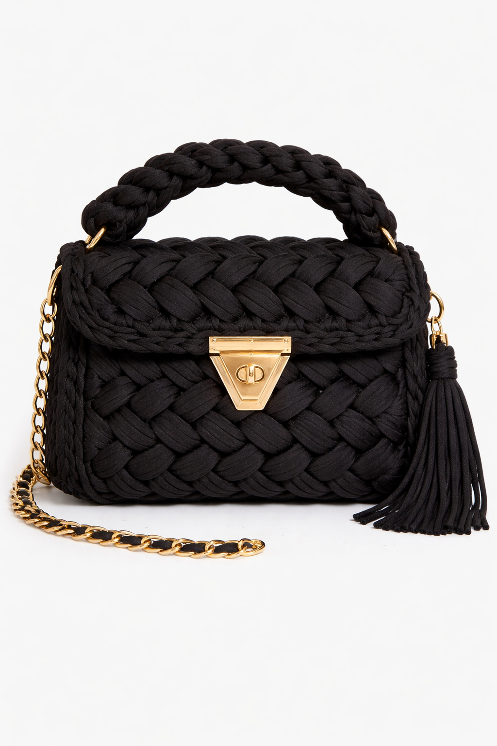 Crochet Knit Luxury Satchel Bag For Women | Black | Gold Chain Strap