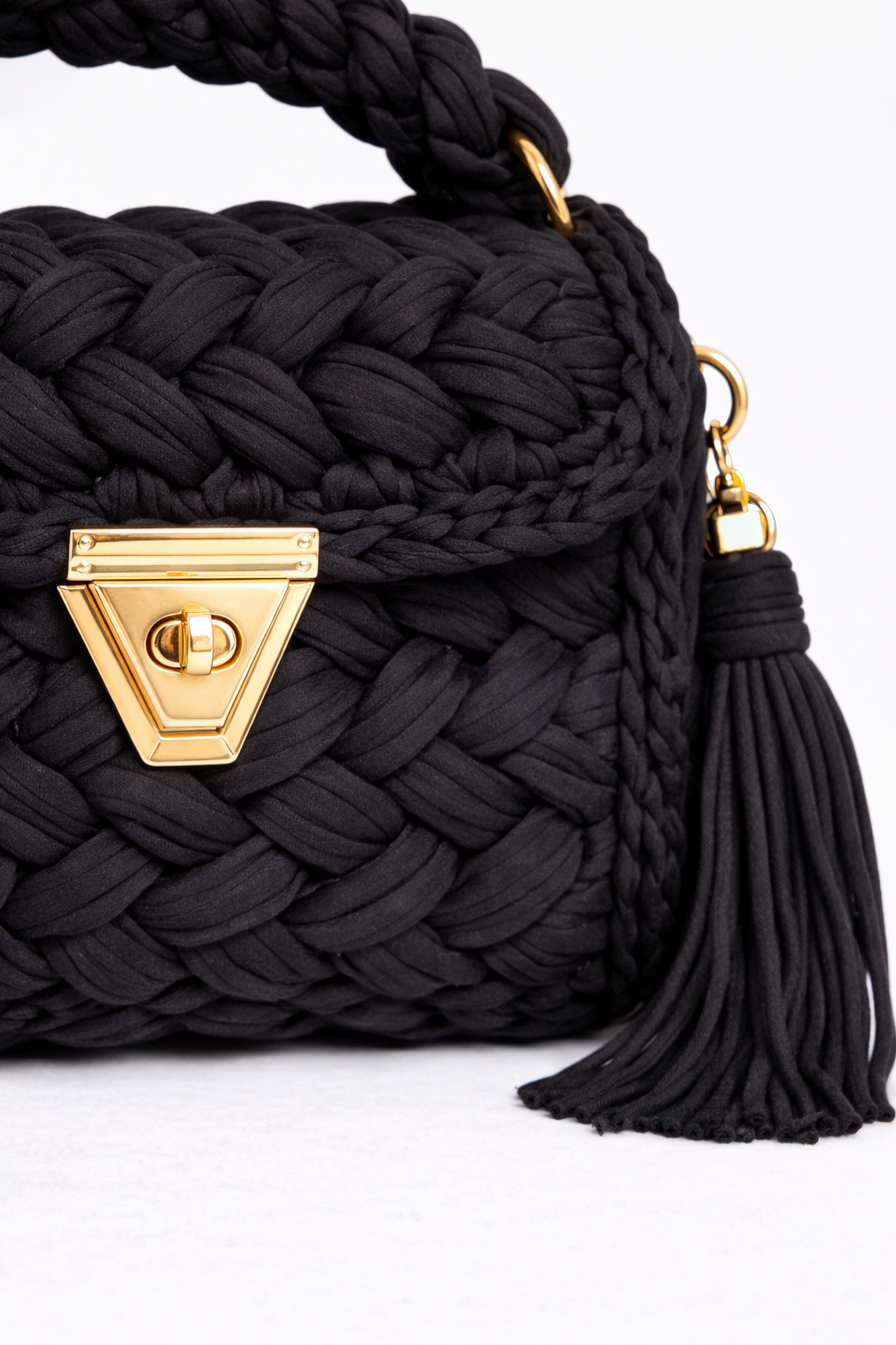 Crochet Knit Luxury Satchel Bag For Women | Black | Gold Chain Strap