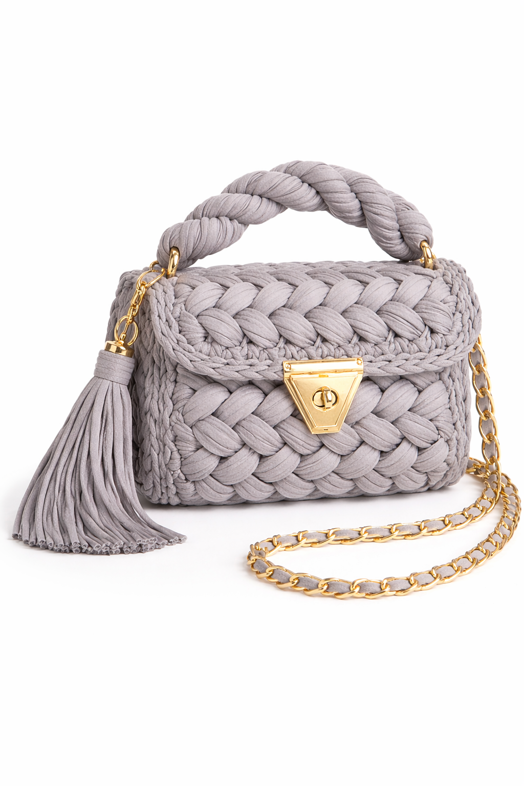 Crochet Knit Luxury Satchel Bag For Women | Grey | Gold Chain Strap