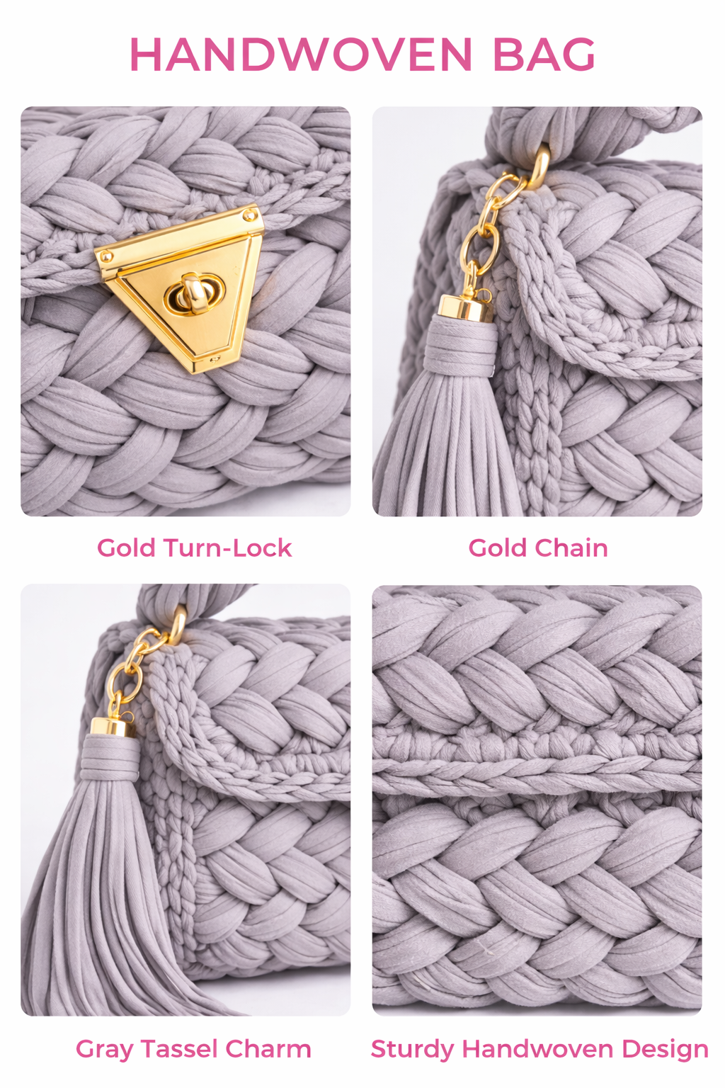 Crochet Knit Luxury Satchel Bag For Women | Grey | Gold Chain Strap