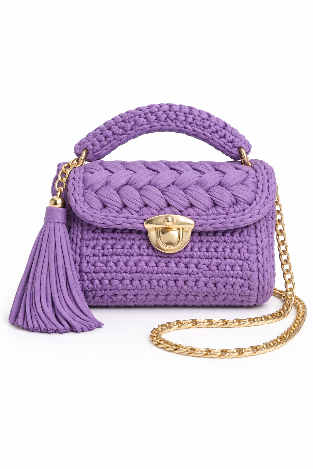 Crochet Knit Luxury Satchel Bag For Women | Purple | Gold Chain Strap