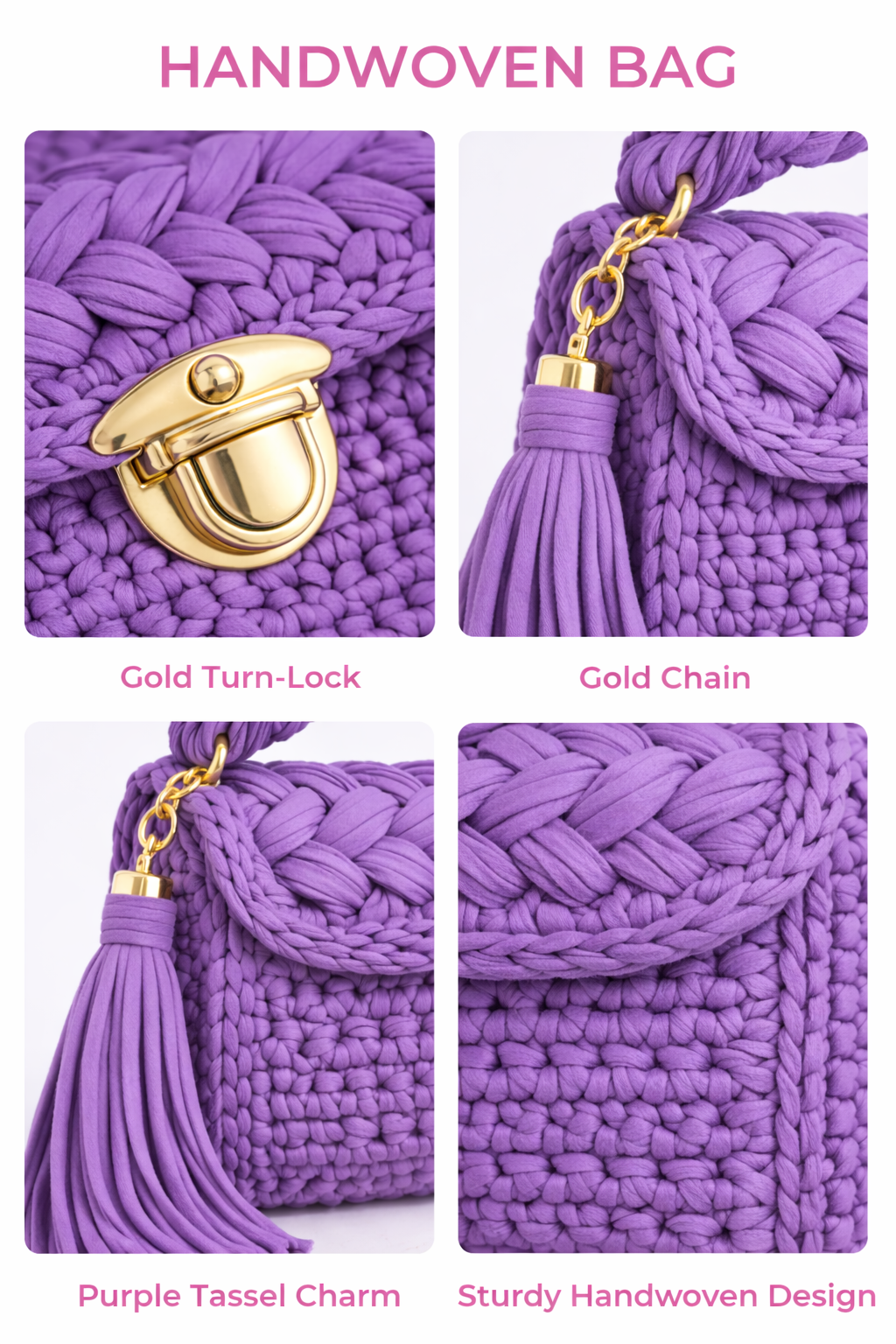 Crochet Knit Luxury Satchel Bag For Women | Purple | Gold Chain Strap